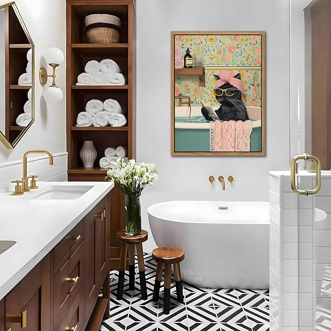 Floating Framed Bathroom Cat Canvas Wall Art, Funny Black Cat Reading Wall Decor, Cute Animal Prints Pictures Posters for Living Room Bedroom Toilet Kids Room Paintings 16x24 inch