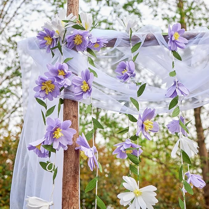 EASY JOY Crepe Paper Flowers Banner White Purple Spring Flower Garland Hanging Paper Florid Garland Leaves Banner for Spring Birthday Wedding Home Decorations