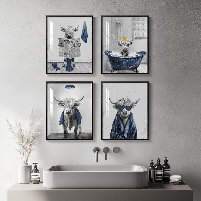 Framed Funny Highland Cow Wall Art for Bathroom Wall Decor, Set of 4 Piece Farm Fun Animal Navy Blue Prints Artwork for Walls, Cute Cow sitting on Toilet in Bathtub Pictures for Bathroom Decor Wall Art 11x14 Inch