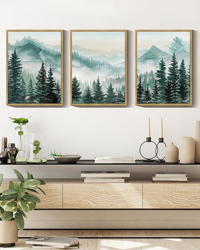 SHENIFY Fog Pine Green Tree Forest Canvas Wall Art 11x14in Framed Nordic Nature Modern Artwork Prints Decor - Natural Framed