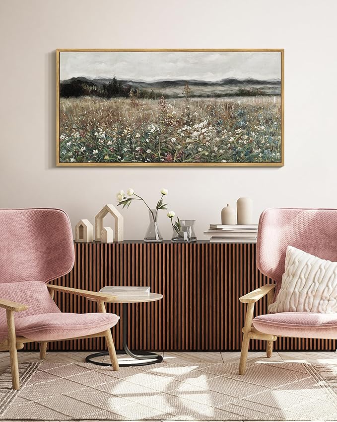 SHENIFY Vintage Landscape Framed Wall Art Meadow Flowers Farmhouse Decor Retro Classic Painting for Hallway Bedroom Living Room Dining Room - 20x40in Natural Framed