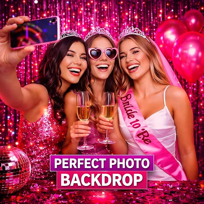 Melsan Hot Pink Foil Fringe Curtains – 3 Pack 3.2 x 8.2 ft Shiny Tinsel Backdrop for Bachelorette Party, Disco Y2K Decorations, Girls Birthday & Photo Booth Backdrop