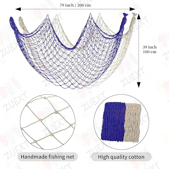 ZUEXT Decorative Fishing Net Dark Blue & Beige 80x40 Inch, 2 Pack Large Picture Fish Net, Wall Photo Hanging Fishnet for Nautical Mermaid Pirate Ocean Themed Hawaii Beach Under The Sea Party Decor