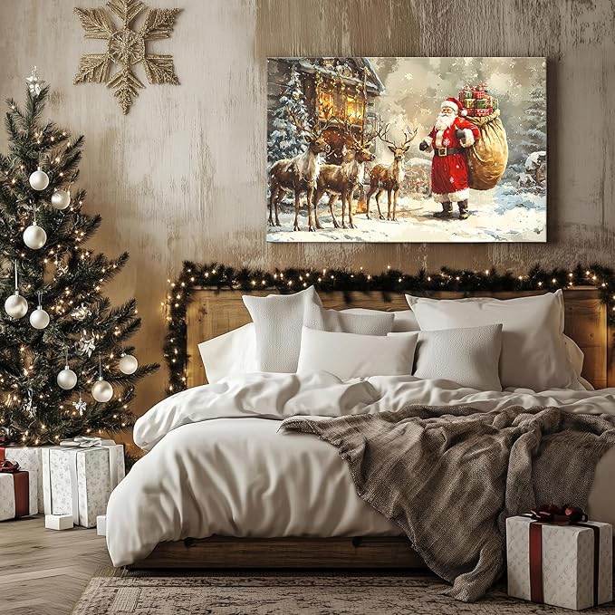 Vintage Christmas Wall Art Rustic Farmhouse Santa Claus Wall Decor Winter Deer Canvas Pictures Christmas Tree Santa and Reindeer Painting Artwork for Living Room Bathroom Home Decorations 24x36"