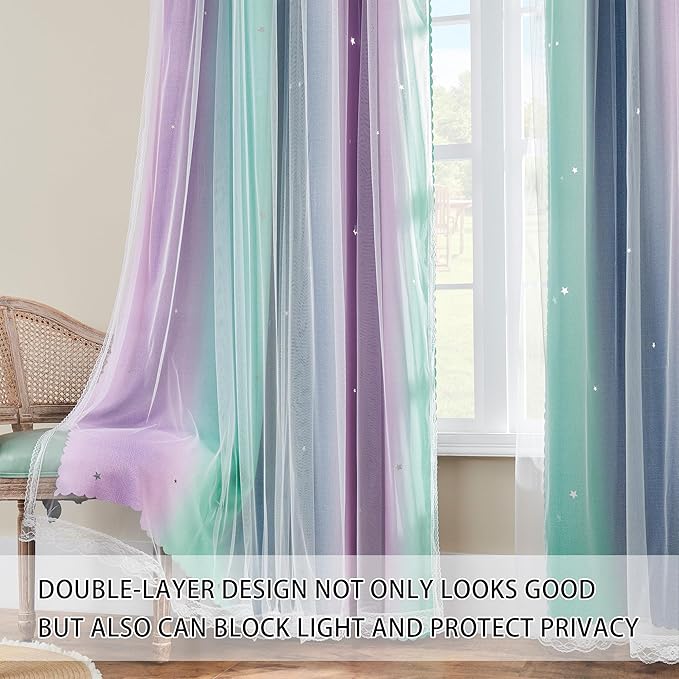 XiDi Purple Grey Green Curtains for Girls Bedroom 2 Panels Set, Rainbow Blackout Curtains for Kids Room Decor, Unicorn Wall Decals Drapes for Little Girl Nursery Room 63 Inches Long 52 Inches Wide
