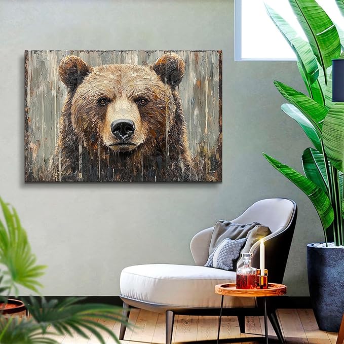 Bear Wall Art Farmhouse Wall Decor Rustic Animal Heads Canvas Prints Funny Animal Pictures Wildlife Portrait Painting Natural Modern Artwork for Teen Bedroom Living Room Home Decoration 24x36"