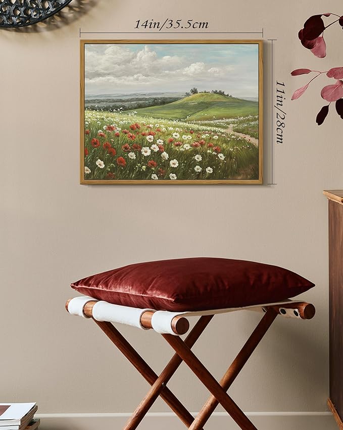 SHENIFY Vintage Landscape Framed Wall Art Meadow with Flowers Scenery Farmhouse Decor Rustic Retro Grassland Floral Field Painting for Kitchen Living Room Bedroom Bathroom - 11x14in Natural Framed