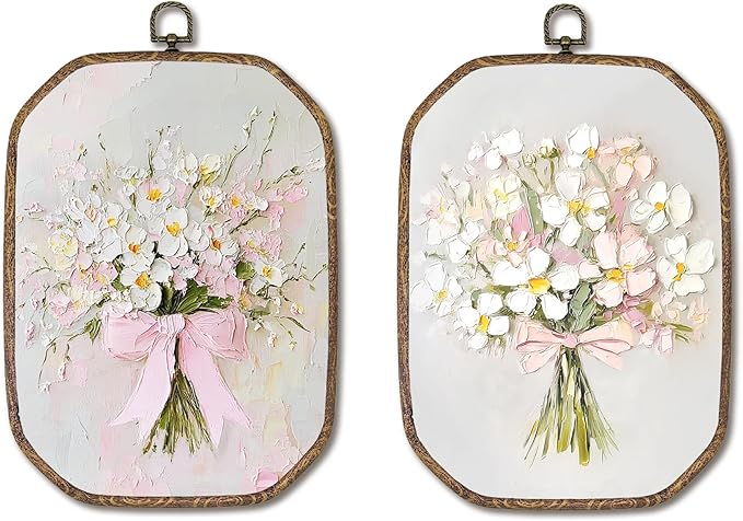 Hxlac Vintage Pink Bow Floral Bouquet Rectangular Wall Art Framed Set of 2, White Floral Rectangular Wall Decor, Spring Flower Hanging Canvas Prints Wall Sculptures for Bedroom Decor, 7.1x10.2 Inch