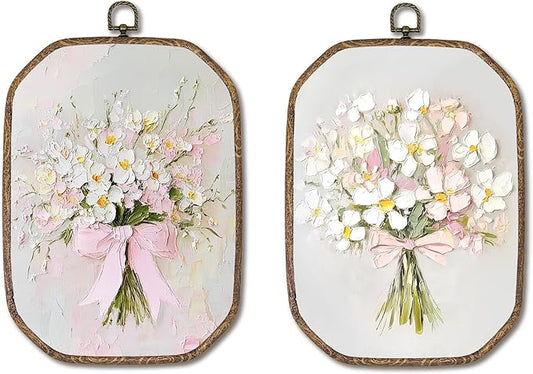 Hxlac Vintage Pink Bow Floral Bouquet Rectangular Wall Art Framed Set of 2, White Floral Rectangular Wall Decor, Spring Flower Hanging Canvas Prints Wall Sculptures for Bedroom Decor, 7.1x10.2 Inch