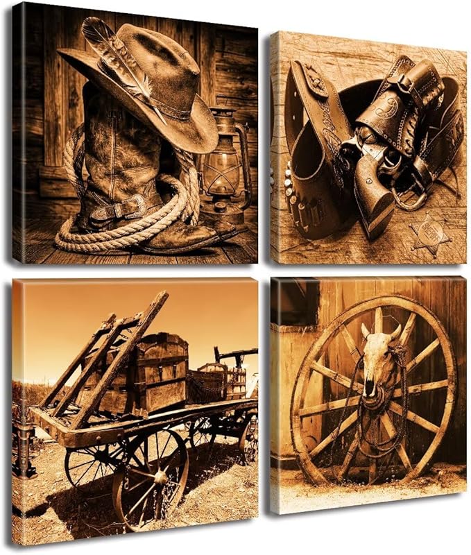 DJSYLIFE Western Decor Cowboy Wall Art for Men's Bedroom Office Canvas Printed Poster Home Decoration Artwork 12" x12" x 4pcs