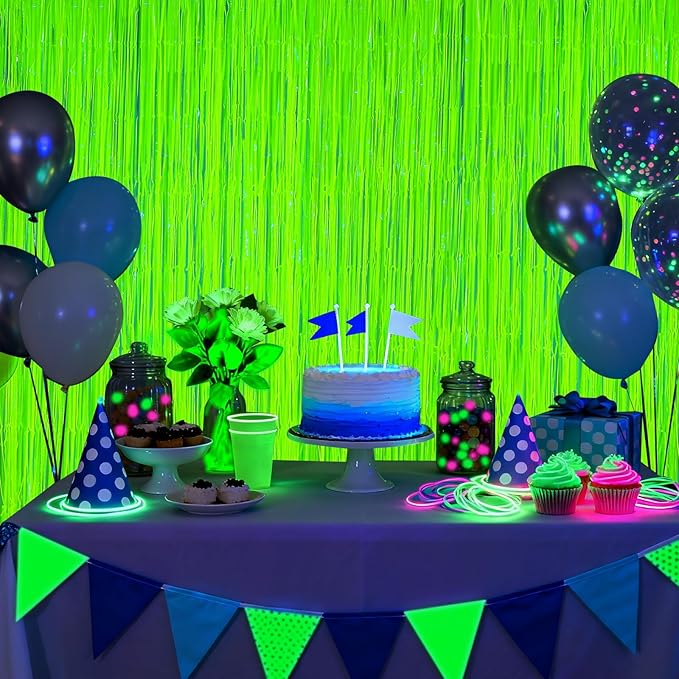 2 Pack Glow in The Dark Party Streamers, Neon Party Decorations Fluorescent Macaron Yellow Tinsel Foil Fringe Curtains, Photo Booth Prop Backdrop Streamers, Birthday Halloween Party Decorations