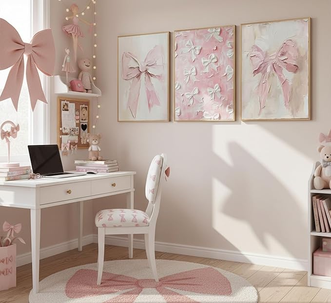 3Pcs Trendy Pink Bow Canvas Wall Art Vintage Cute Preppy Watercolor Bows Painting Pictures Wall Decor Posters Prints Girly Aesthetic for College Apartment Bedroom Decoration Unframed