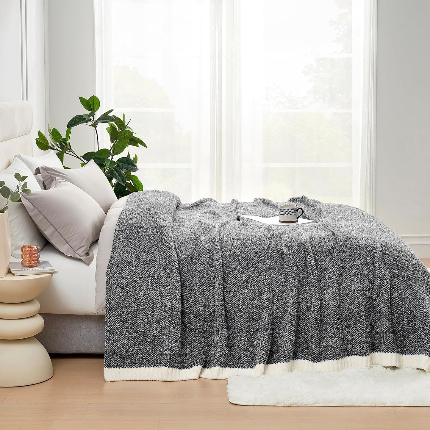 Snuggle Sac Heather Black Bedding Blankets Twin Size, Reversible Super Soft Large Cozy Blankets for Bed, Warm Cozy Knit Fuzzy Blankets for Sofa, Living Room, Heather Black, 60x80 inches