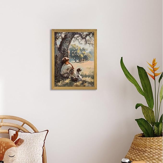 Wood Framed Canvas Wall Art, Vintage Boy and Dog Painting Poster, Countryside Pastoral Landscape Print Picture, Rustic Farmhouse Wall Decor for Living Room Bedroom Nursery 16x24 inch