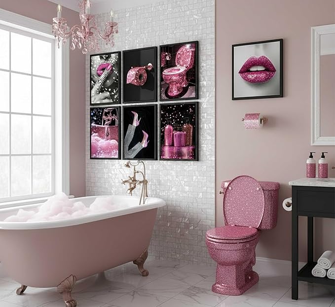 6Pcs Fashion Bathroom Canvas Wall Art Black and Pink Glam Glitter Tissue Funny Modern Women Painting Pictures Wall Decor Poster Print Artwork for Toilet Home Decoration Unframed