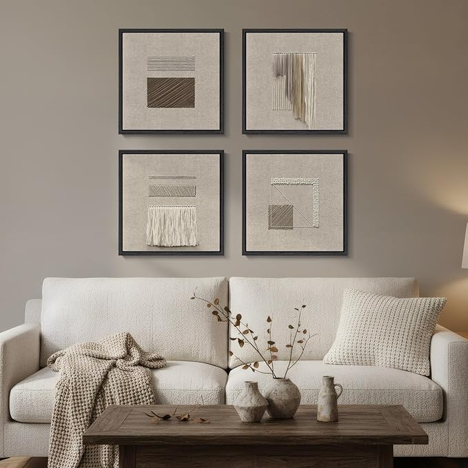 Framed Abstract Geometric Wall Art Decor, 4 Piece Modern Minimalist Neutral 2D Canvas Wall Art Prints, Contemporary Beige Square Artwork for Walls Living Room Dining Room Bedroom Hallways, 12x12
