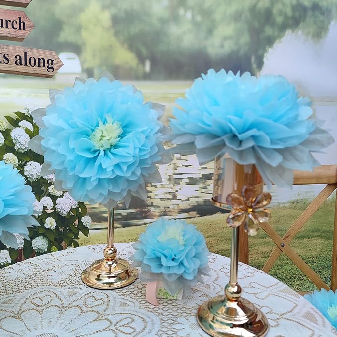 Mybbshower 9pcs Mixed 7'' 9'' 11'' Blue Tissue Paper Pom Poms Flower for It's A Boy Baby Shower Birthday Nursery Room Decorations