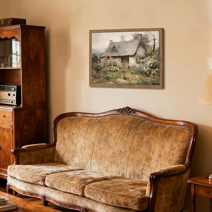 Framed Farmhouse Wall Decor, Country Cottage Pictures Wall Art, Pastoral Nature Landscape Canvas Print, Vintage Farm House Oil Painting Artwork for Bedroom Living Room – 12x16 inch