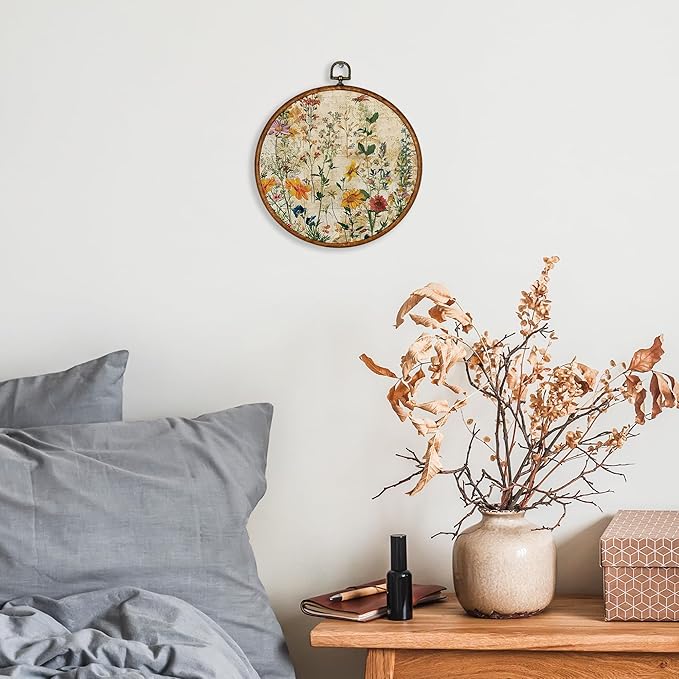 KSDUT Boho Flower Floral Wall Decor Art - Botanical Neutral Wall Art Canvas Frame Hanging Prints, Vintage Landscape Wildflower Round Wall Art Decor for Home Decorations 10"x10"