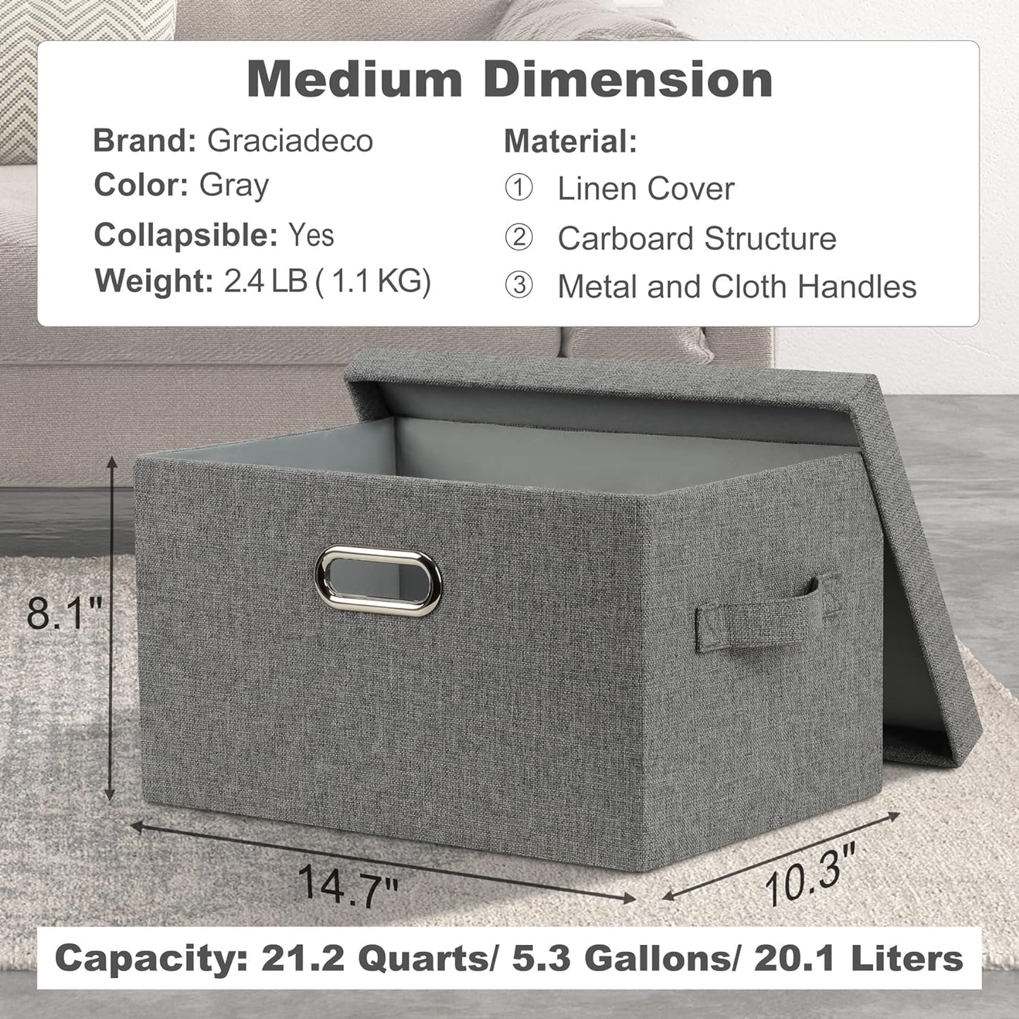 Medium 15" 21 Quart Collapsible Stackable Storage Bins with Lids, 1 Pack Gray Foldable Fabric Closet Storage Boxes with Lids, 4 Handles Heavy-duty Linen Cube Baskets for Bedroom