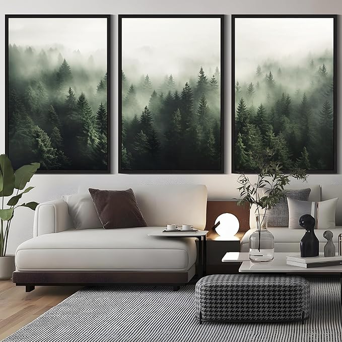 SHENIFY Green Fog Pine Tree Forest Canvas Wall Art Large 24x36in Framed Modern Artwork Prints Decor - Black Framed