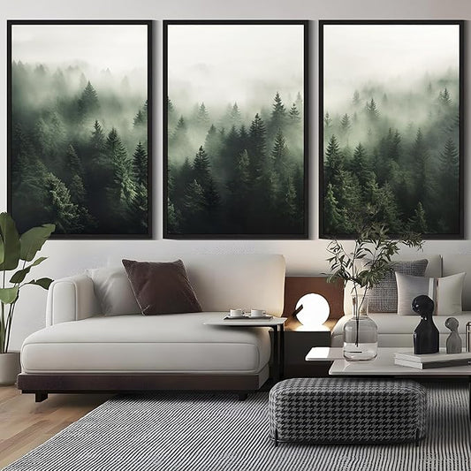 SHENIFY Green Fog Pine Tree Forest Canvas Wall Art Large 24x36in Framed Modern Artwork Prints Decor - Black Framed