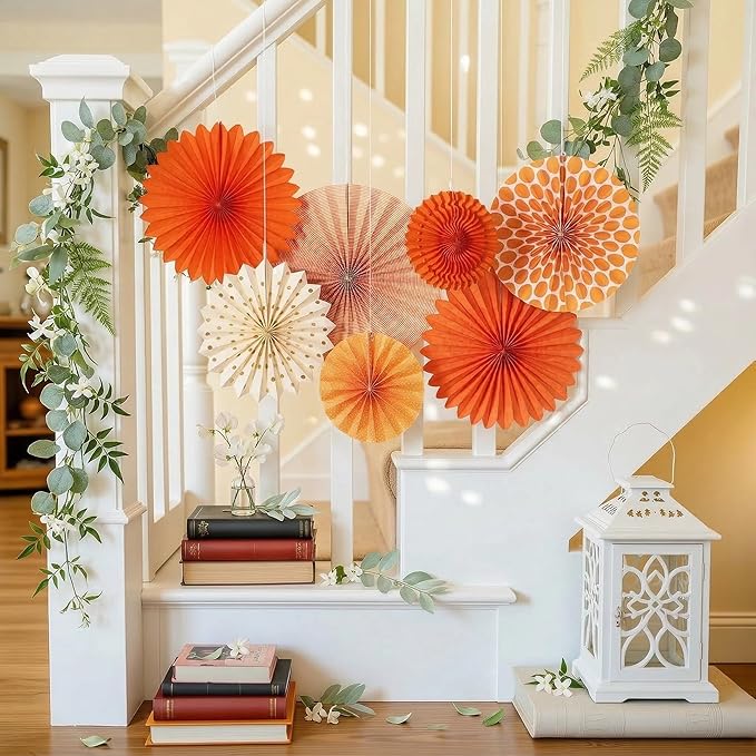 SUNBEAUTY Pack of 7 Hanging Paper Fans Collection Orange Paper Fans Home Party Photo Backdrop Decorations