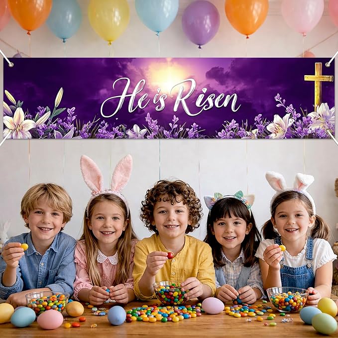 He Is Risen Easter Banner Christian Resurrection Spring Decor 78 x 17 Inch Religious Purple Cross Flower Scene Banner for Church Yard Fence Door Wall Indoor Outdoor Easter Display