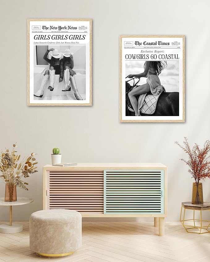 iHery Unframed Trendy Coastal Cowgirl NewsPaper Wall Art Prints,12x16in Black Canvas Wall Art Prints, New York News,Western Wall Art Vintage Bar Cart,Dorm Retro Surfing for Living Home Décor 1Pack