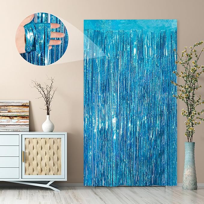 2Pack 3.3x8.3Ft Blue Foil Fringe Streamers Curtain Metallic Foil Tinsel Fringe Door Streamers for Birthday Wedding Xmas Party Photo Iridescent Blue Streamers Ocean Summer Party Decors Streamers