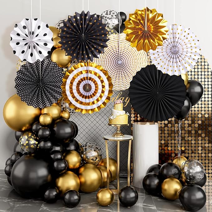Black and Gold Decorations, Hanging Honeycomb Paper Pompoms Fan for Graduation Birthday Wedding Photo Backdrop Prom Night New Years Black and Gold Party Decorations, Set of 8