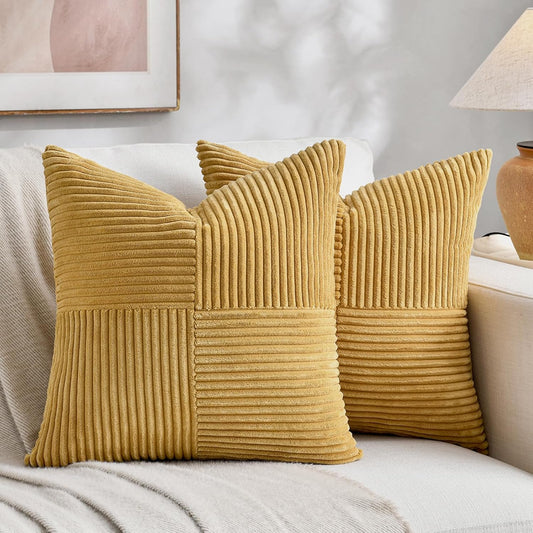 Fancy Homi 2 Packs Mustard Yellow Decorative Throw Pillow Covers 16x16 Inch for Living Room Couch Bed, Rustic Farmhouse Boho Home Decor, Soft Corss Patchwork Corduroy Textured Cushion Case 40x40 cm