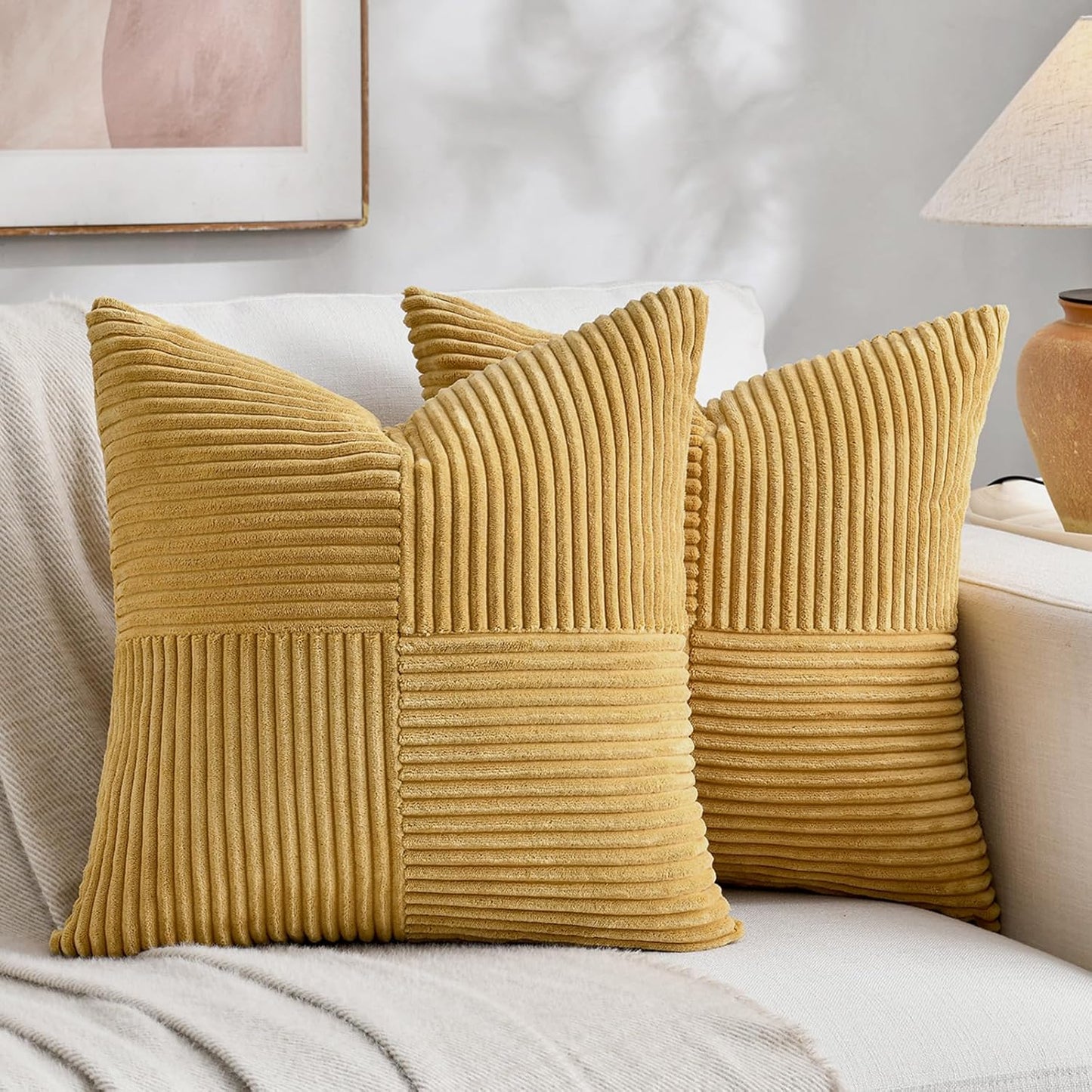 Fancy Homi 2 Packs Mustard Yellow Big Decorative Throw Pillow Covers 24x24 Inch for Living Room Couch Bed, Farmhouse Boho Home Decor, Soft Corss Corduroy Patchwork Accent Square Cushion Case 60x60 cm