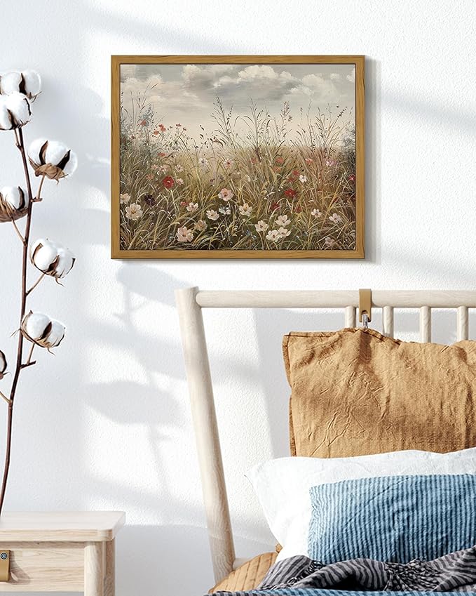 SHENIFY Vintage Landscape Framed Wall Art Meadow with Flowers Farmhouse Decor Retro Wildflower Field Scenery Painting for Kitchen Living Room Bedroom Bathroom - 8x10in Natural Framed