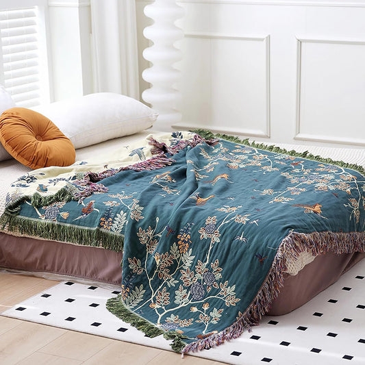 Snycler Boho Throw Blanket for Bed - 100% Cotton Ultra Soft Rustic Quilt Blanket Green Floral Bird Printed Farmhouse Decor Bed Blankets, 80"×90" All Season Rustic Throw for Sofa Chair Couch