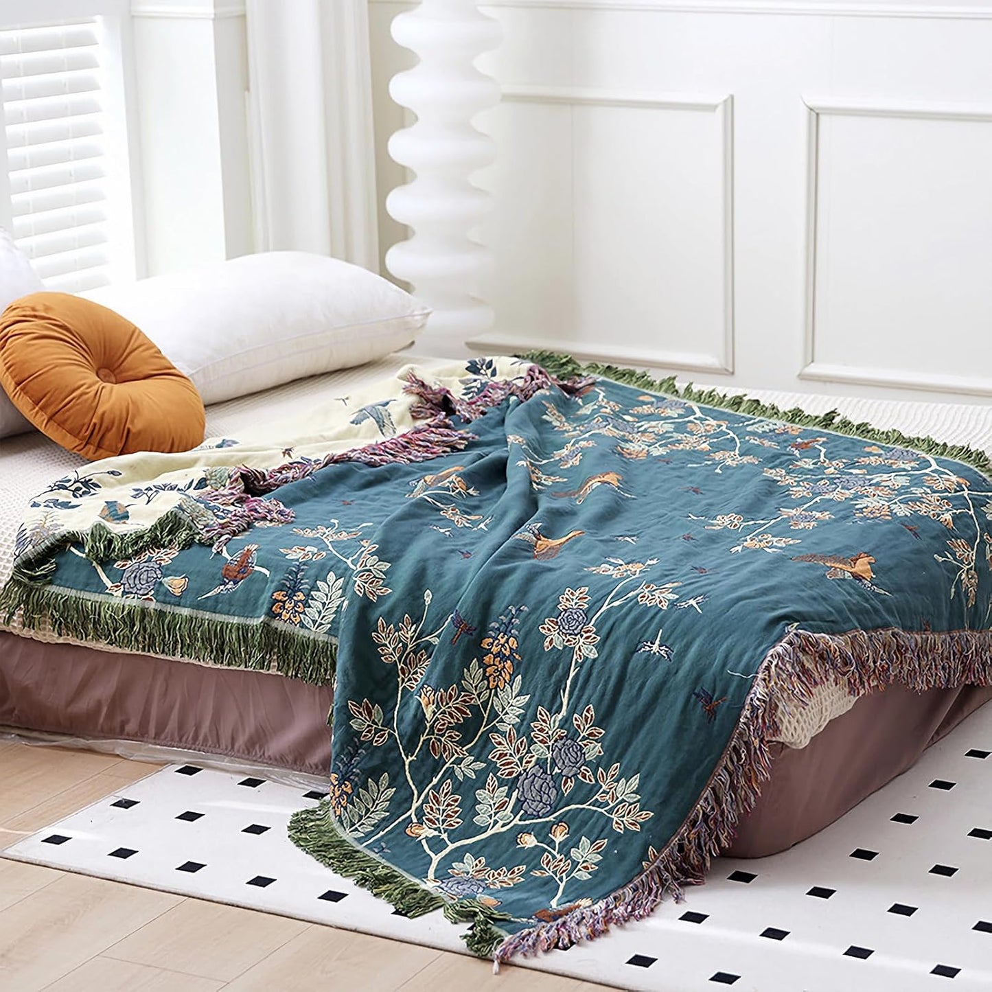 Snycler Boho Throw Blanket for Bed - 100% Cotton Ultra Soft Rustic Quilt Blanket Green Floral Bird Printed Farmhouse Decor Bed Blankets, 60"×80" All Season Rustic Throw for Sofa Chair Couch