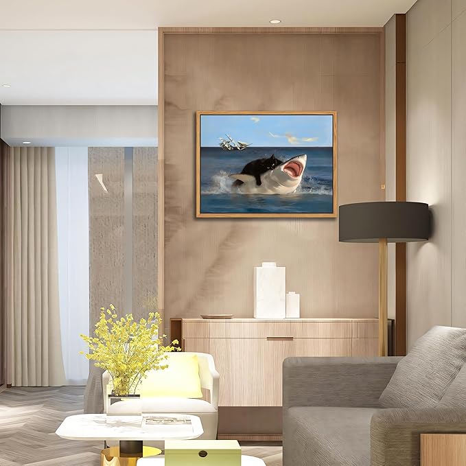 Floating Framed Black Cat Wall Art, Funny Quirky Cat and Shark Pictures Canvas Print, Abstract Black Cat Shark Posters Wall Decor for Room Bedroom Living Room Bathroom Aesthetic 12x16 inch