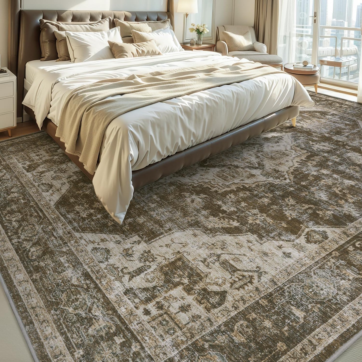 AMOAMI Area Rug - 8x10 Vintage Soft Coffee & Brown Rug for Living Room, Bedroom, Dining Room, Office - Non-Slip, Washable Carpet