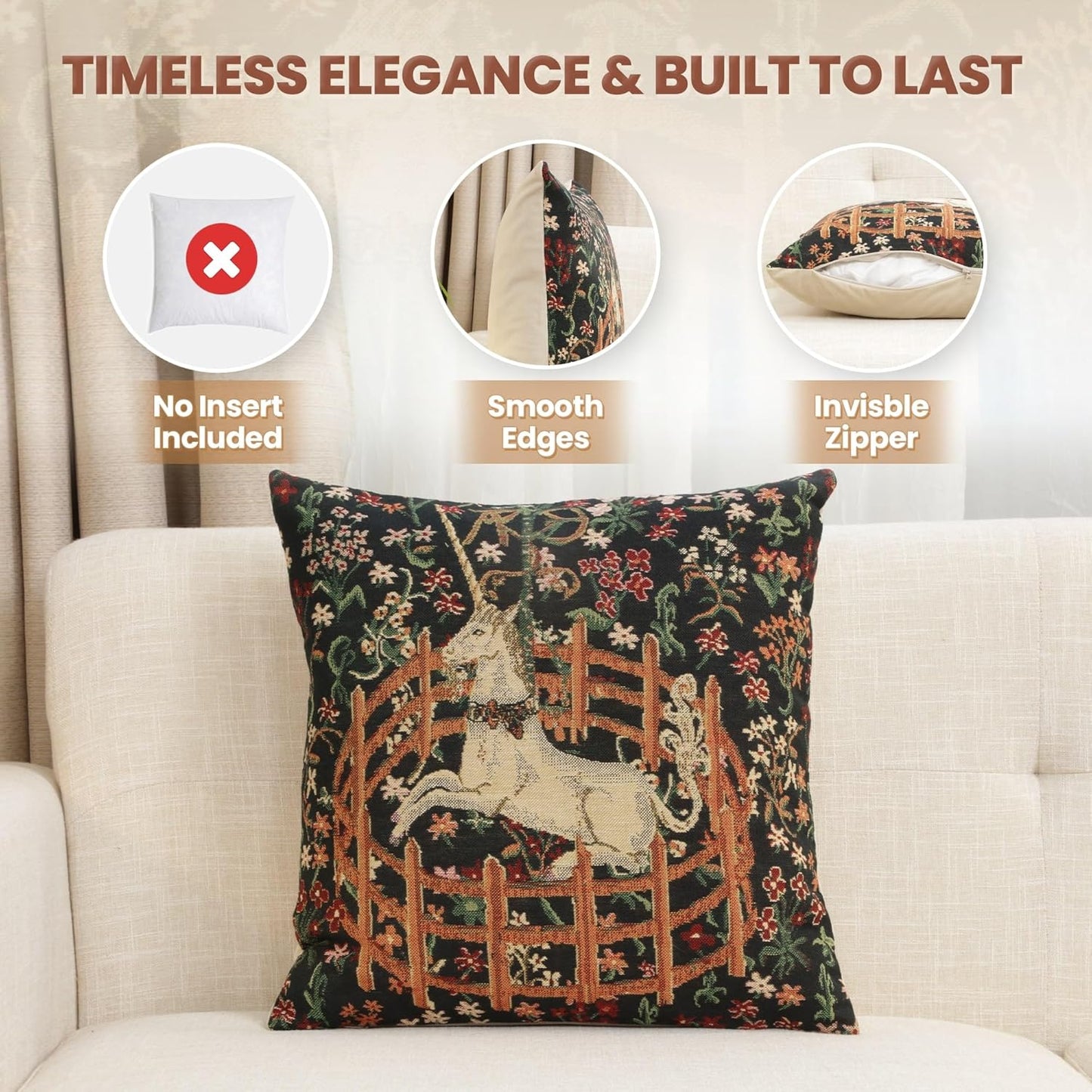Charlotte Home Furnishings Couch Pillow Covers 16X16 in, Unicorn Decorative Throw Pillow Covers, Belgian Square Tapestry Cushion Case, Living Room Bed Sofa Home Decor, Soft Cotton Jacquard Woven
