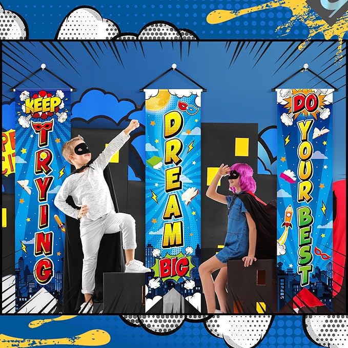 3 Pieces Hero Party Decorations Hero Wall Banners Porch Signs Backdrops Inspirational Cityscape Photography Background for Theme Birthday Party Baby Shower Classroom Decorations