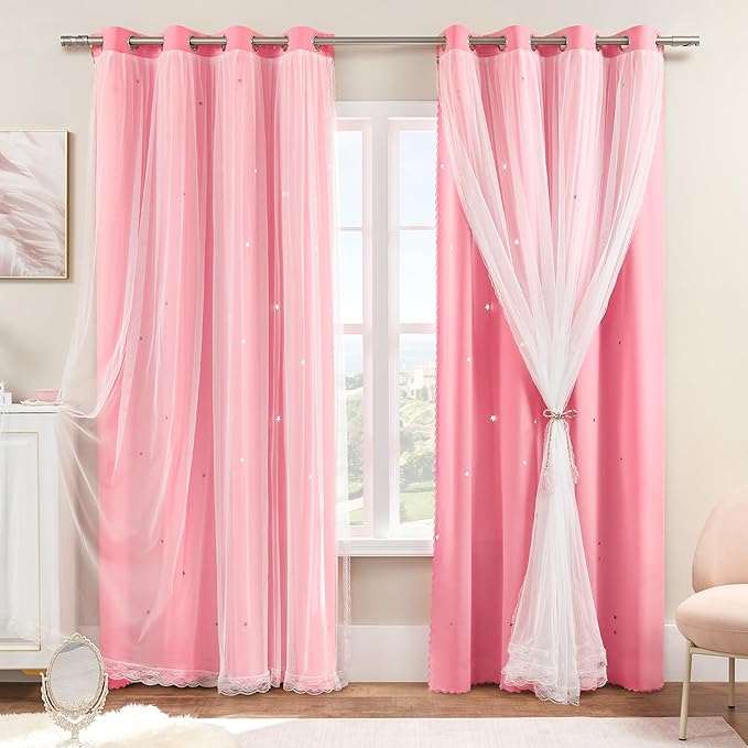 XiDi Pink Curtains for Girls Bedroom 84 Inches Long Blackout Nursery Curtains Double Layer with Sheer Overlay for Kids Toddler Princess Room Grommet Privacy Room Darkening Window Drapes 34 x 84 Inch