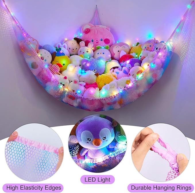 Unicorn Castle Stuffed Animals Net or Hammock Kids Toy Storage Organizer with LED Light Hanging Corner Stuffed Animals Holder Kids Girls Room Decor,Blue-Purple,XLarge (Pack of 1)