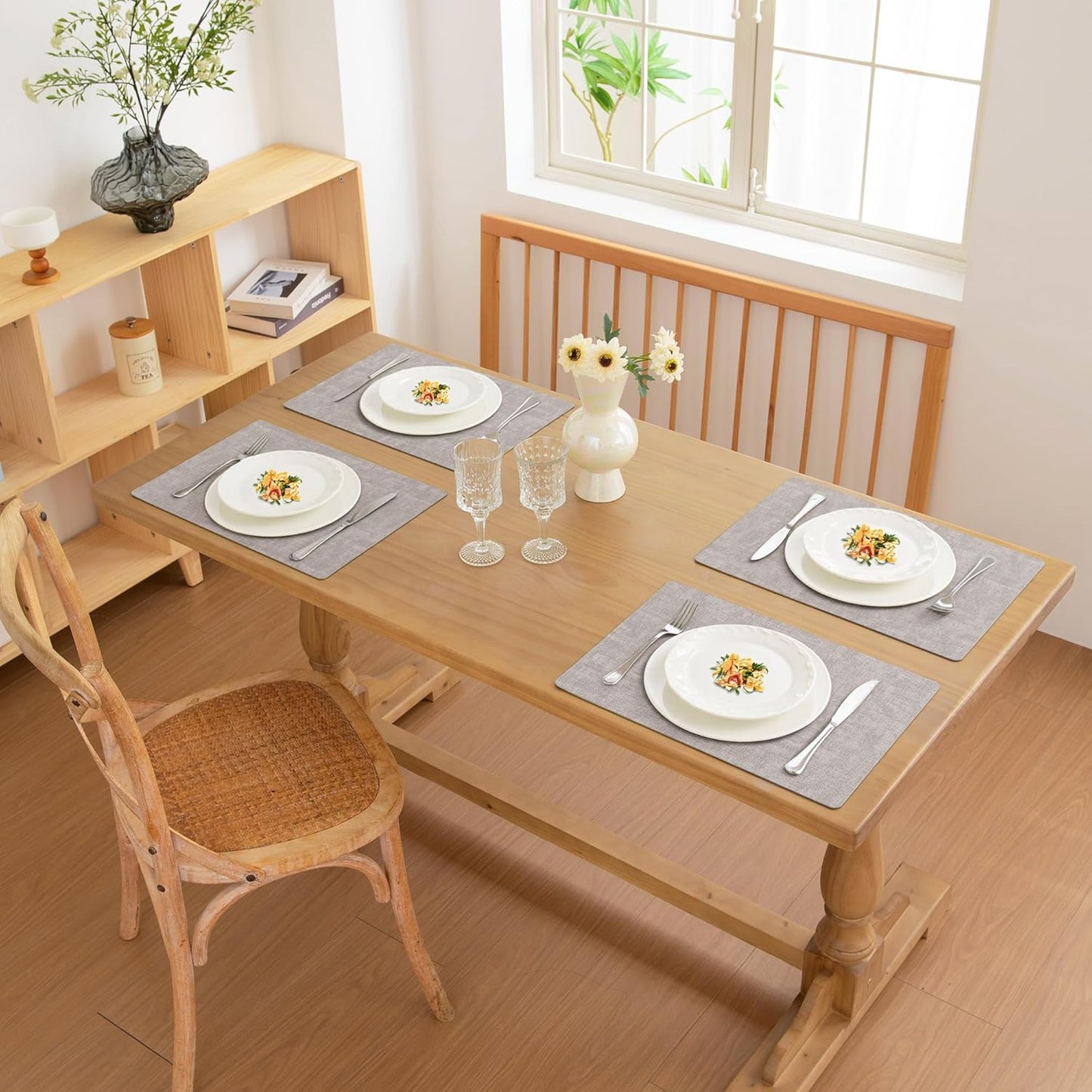 FROMHEART Faux Leather Placemats Set of 6–Waterproof,Heat/Oil Stain-Resistant PU Table Mat–Reversible,Non-Slip,Easy to Clean Place Mats for Kitchen,Dining,Indoor/Outdoor,(Light Grey,11.8" x 17")