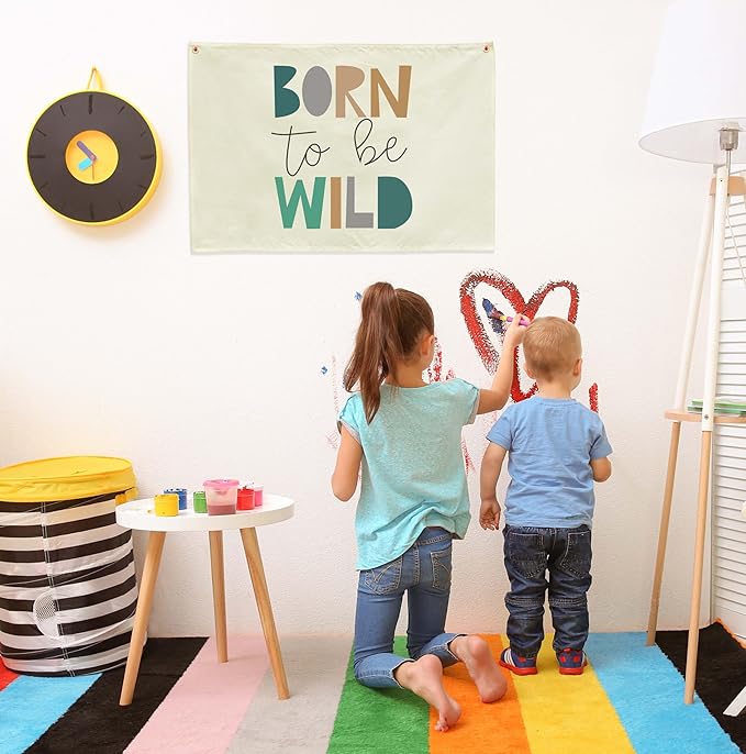 Born To Be Wild Theme Boys Nursery Banner-Rectangular Flag Sign for Baby Boy Kids-Home Bedroom Reading Room Playroom Dorm Decoration-Baby Shower Birthday Christmas Gift-Wild Theme