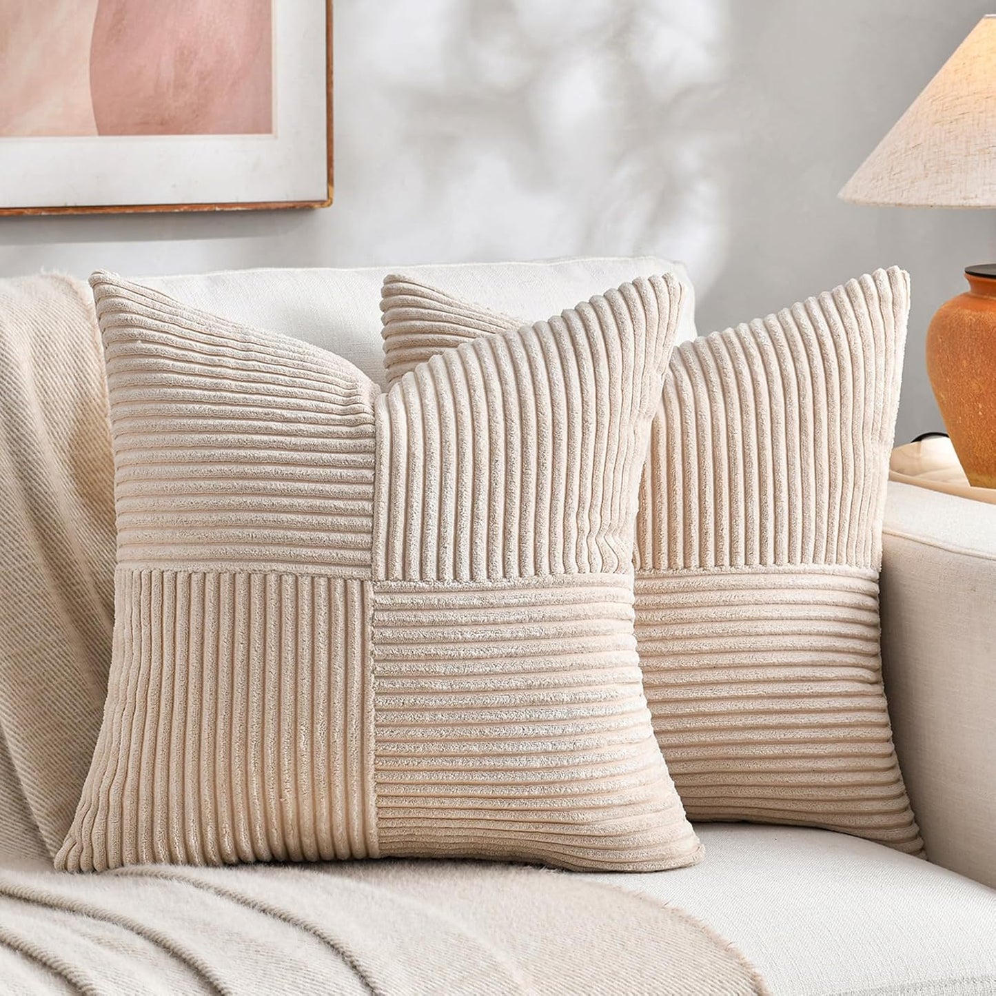 Fancy Homi 2 Packs Tan Decorative Throw Pillow Covers 16x16 Inch for Living Room Couch Bed Sofa, Farmhouse Boho Home Decor, Soft Corss Patchwork Corduroy Textured Square Beige Cushion Case 40x40 cm