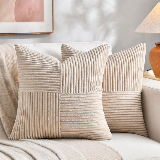 Fancy Homi 2 Packs Tan Euro Decorative Throw Pillow Covers 26x26 Inch for Living Room Couch Bed, Farmhouse Boho Home Decor, Soft Corss Corduroy Patchwork Textured Square Beige Cushion Case 66x66 cm