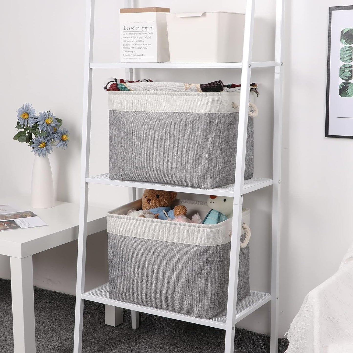 Bidtakay Storage Baskets for Organizing Large Storage Bins for Shelves 2 Pack 16x12 in Fabric Baskets for Blanket Nursery Toy Storage Collapsible Organizer Bins Closet Organizers Storage-Grey&White