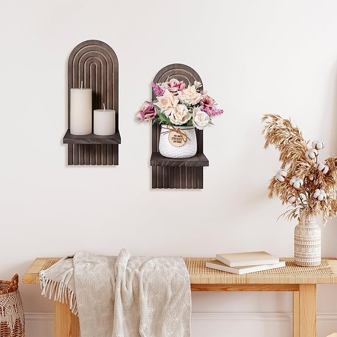 Sconces Wall Decor Set of 2, Wall Candle Holder Rustic Home Decor, Floating Candle Sconces Shelf Brown Wall Art, Farmhouse Wall Decor for Living Room, Dining Room, Bedroom, Bathroom