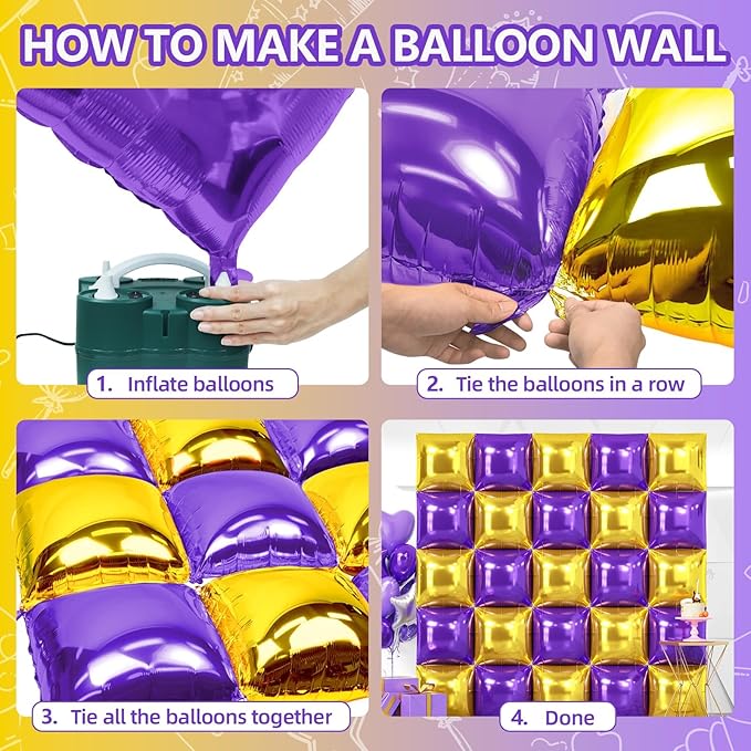 NISOCY 25PCS Purple Gold Square Foil Balloons Wall Backdrop Double Sided Gold Purple Balloons Arch Kit for Birthday Anniversary Graduation Prom Engagement Baby Bridal Shower Party Decorations