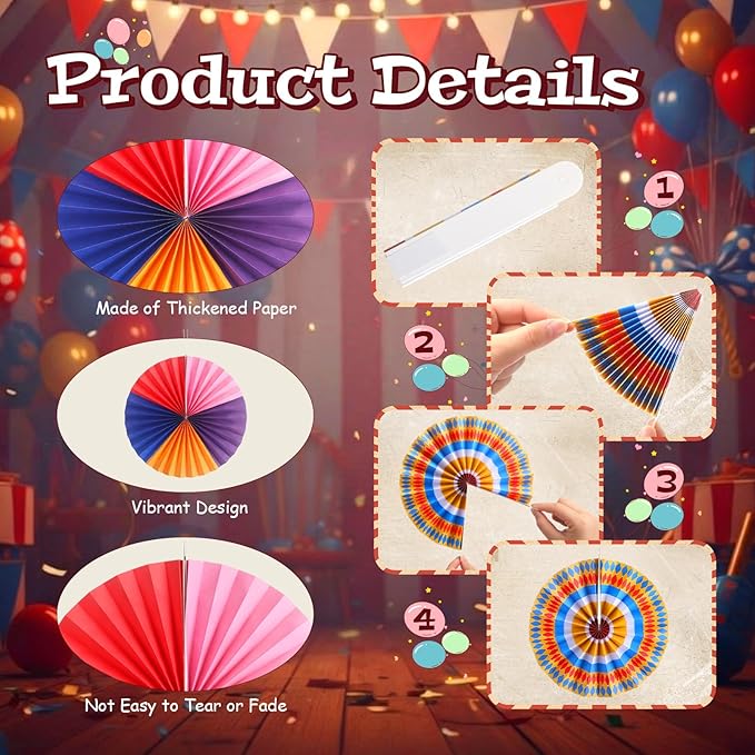 Outus 13 Pcs Carnival Party Decoration Set Hanging Circus Theme Party Ceiling Classroom Decorations with Clown Face Cutouts Carnival Circus Hanging Paper Fans Decor Birthday Favor Supply